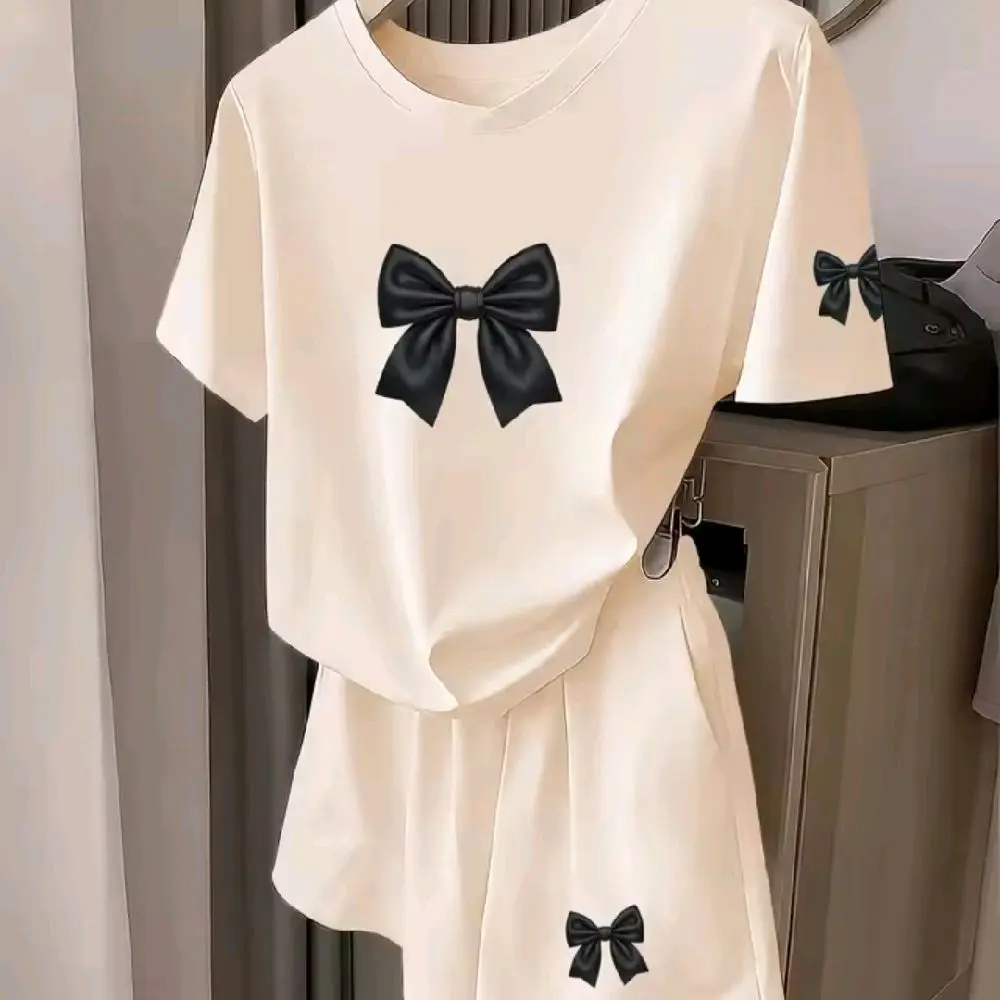 Women's French Retro Bow Print 2-Piece Set | Elegant Short Sleeve Loose-Fit Outfit