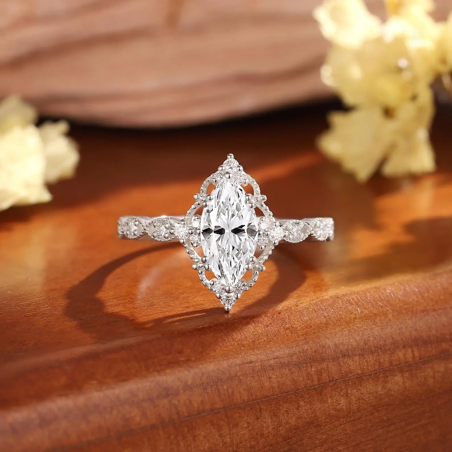 Vintage Design Marquise Halo Ring in White Gold 1.5ct Moissanite Sparkle for Forever Love Unique Promise Ring Handmade LA Made to Order 7-10 Days Dutch Marquise Cut Ring Vintage Engagement Ring