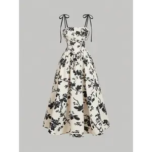 Womenswear Polyester Sleeveless Floral Dress - Black & White Midi with Adjustable Waist Tie. Flared Pleated Skirt for Casual & Formal Occasions.