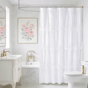 French Country White Shower Curtain, Handmade Ruffled Vintage Design, 12 Hanging Holes, Suitable for Bathroom, Hotel & Salon Decor, Size: 72"W x 72"H