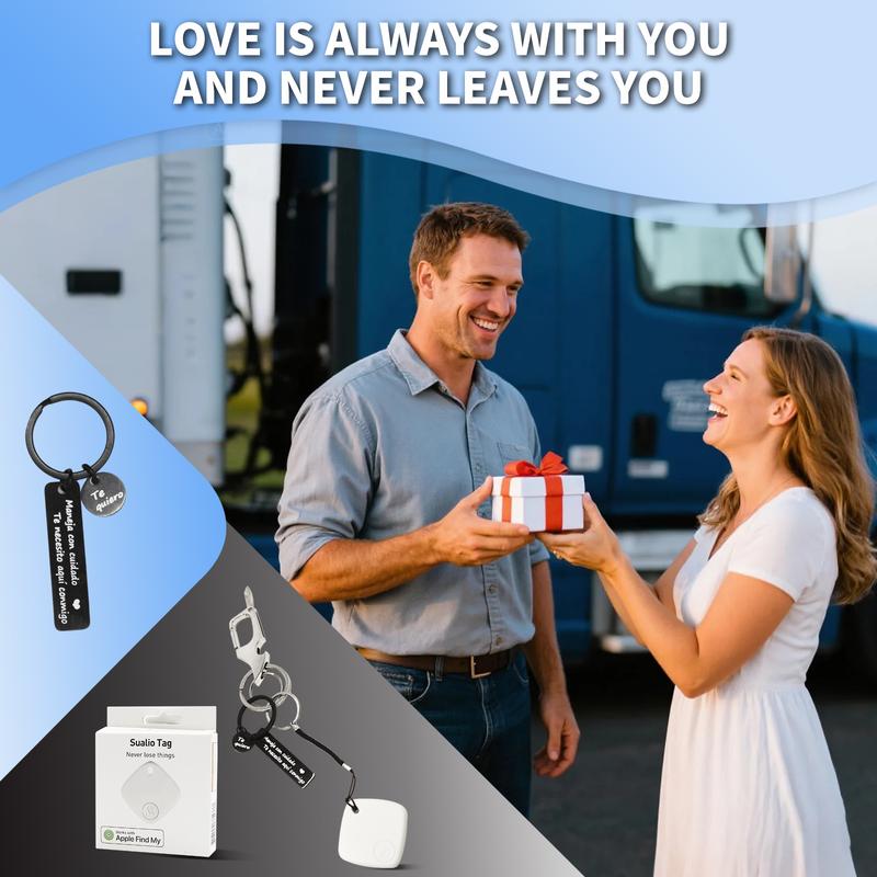 For Apple Find My Keychain No App + Bottle Opener Keychain + Drive Safely Metal Tag Three-in-one Security Gift Set for Men's Gift Bottle Opener Package Unpacking Tool Spanish Pendant Tracking Tool Love Guardian