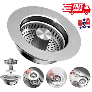 Upgraded 3-in-1 Kitchen Sink Strainer & Drain Stopper with Basket Stainless Steel Food Catcher Sink Shroom Style Drain Plug for US Standard Sink Holes