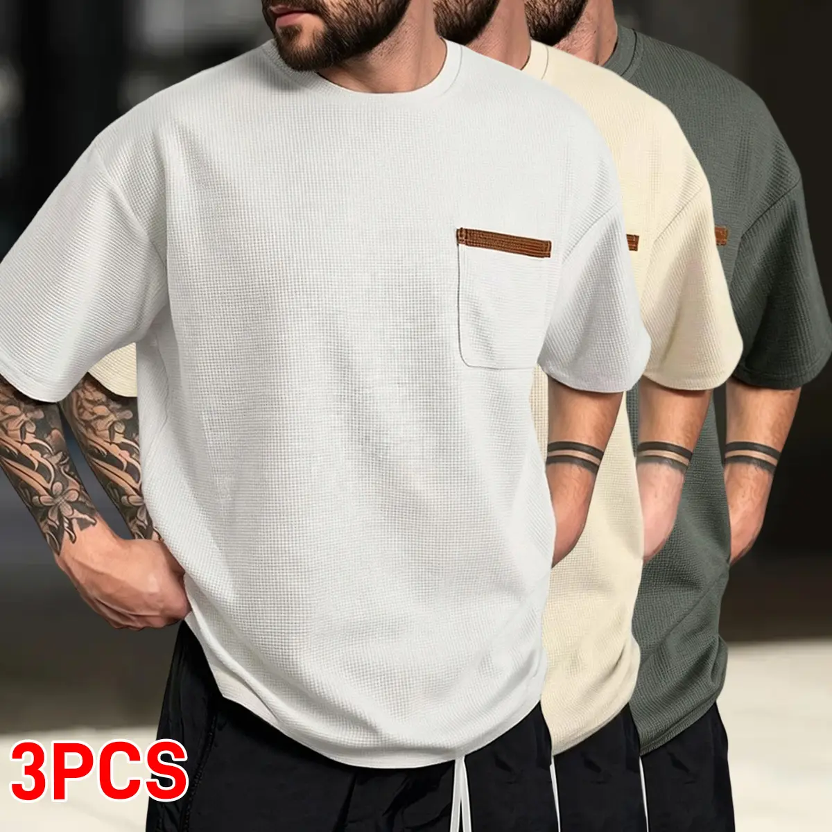 3-pack men’s casual short-sleeve tops, solid color design with pockets, men’s fashionable street-style short-sleeve T-shirts, summer crew neck short-sleeve T-shirts, menswear, men’s short-sleeve T-shirts, gift for him, summerwins Streetwear