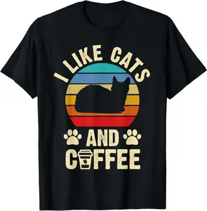 100% Cotton I like Cats & Coffee Funny vintage Kitten theme lover T-Shirt