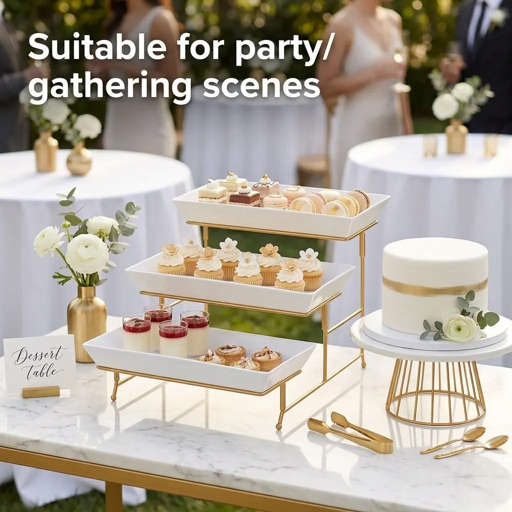 1Pcs Three-tier Dessert Stand, With Foldable Metal Display Rack And 3 Tiered Plastic Trays, Can Be Used As Snack Display Rack/Cupcake Stand Serving Tray, For Home Gathering Party Wedding, Party Supplies, Table Decors, Three-Tier Plates