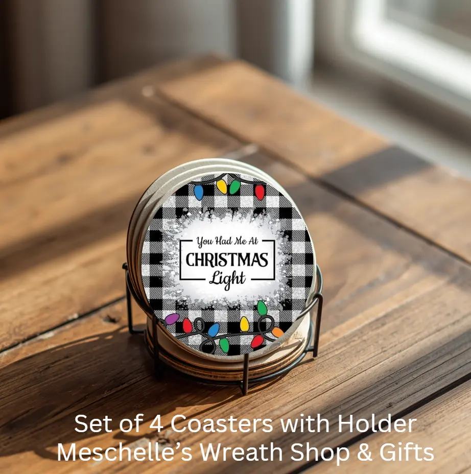 You Had Me At Christmas Light House Coasters Set of 4 Ceramic Coasters with Metal Holder