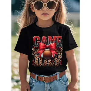 Kids T Shirt Black Game Day Football with Red Bow And Leopard Print Design for Football Game Day (3-13Y)