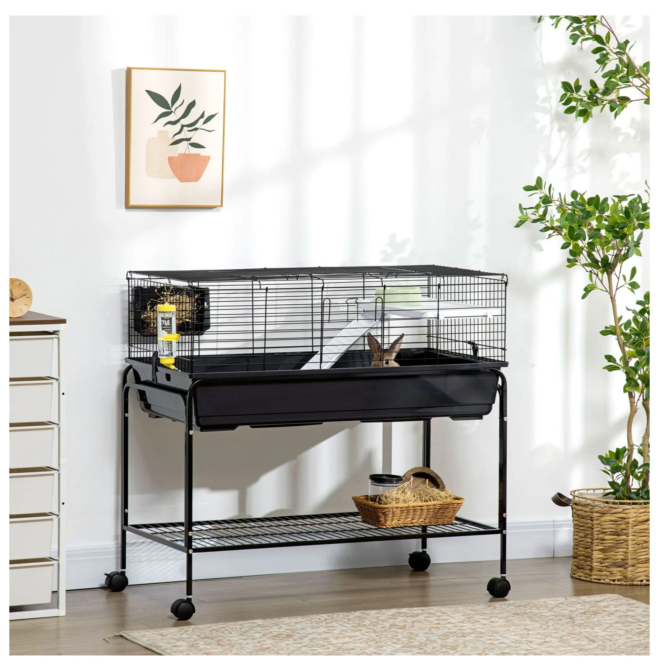 Small Animal Cage 2-Story, Guinea Pig Habitat, Hedgehog Cage, Chinchilla Cage  with Wheels & Shelf, 39x20.5x36.5 Inch Grey
