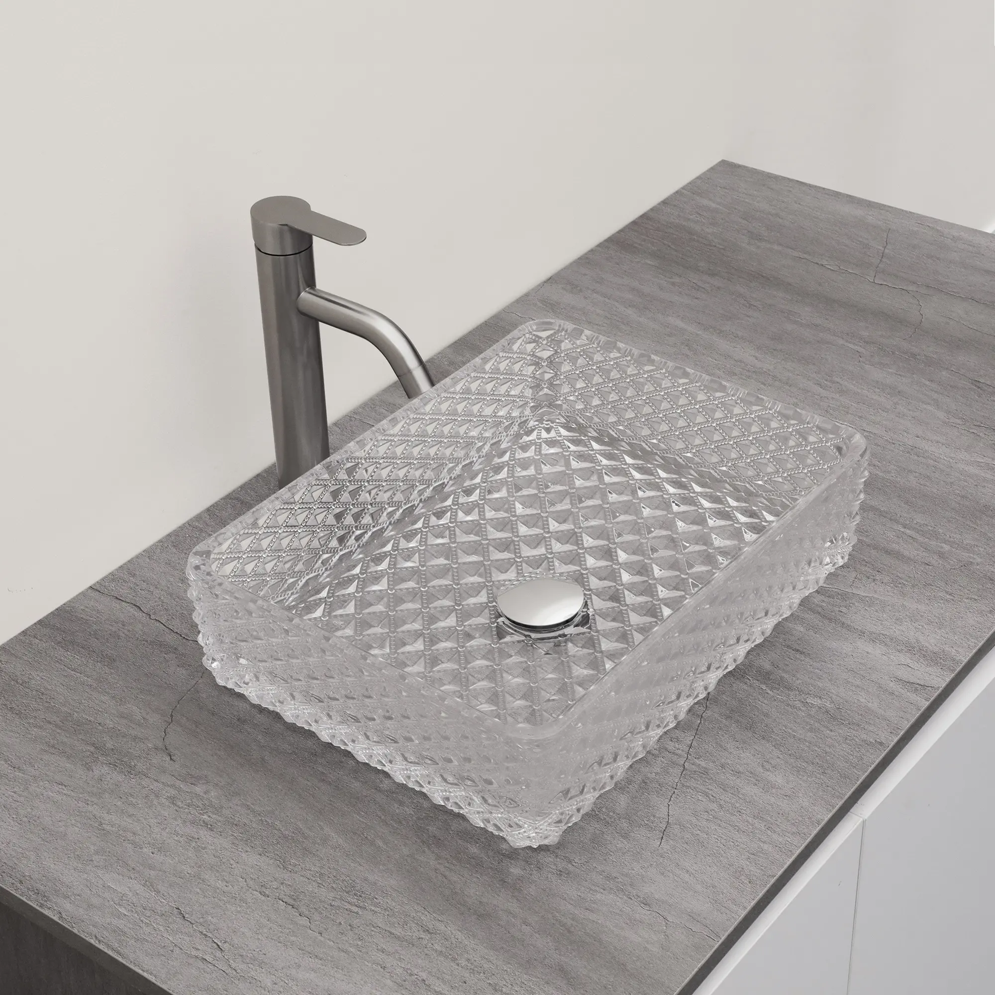 Logmey 17.5" Clear Crystal Textured Rectangular Tempered Glass Vessel Sink with Chrome Pop-Up Drain, Above Counter Bathroom Vanity Sink