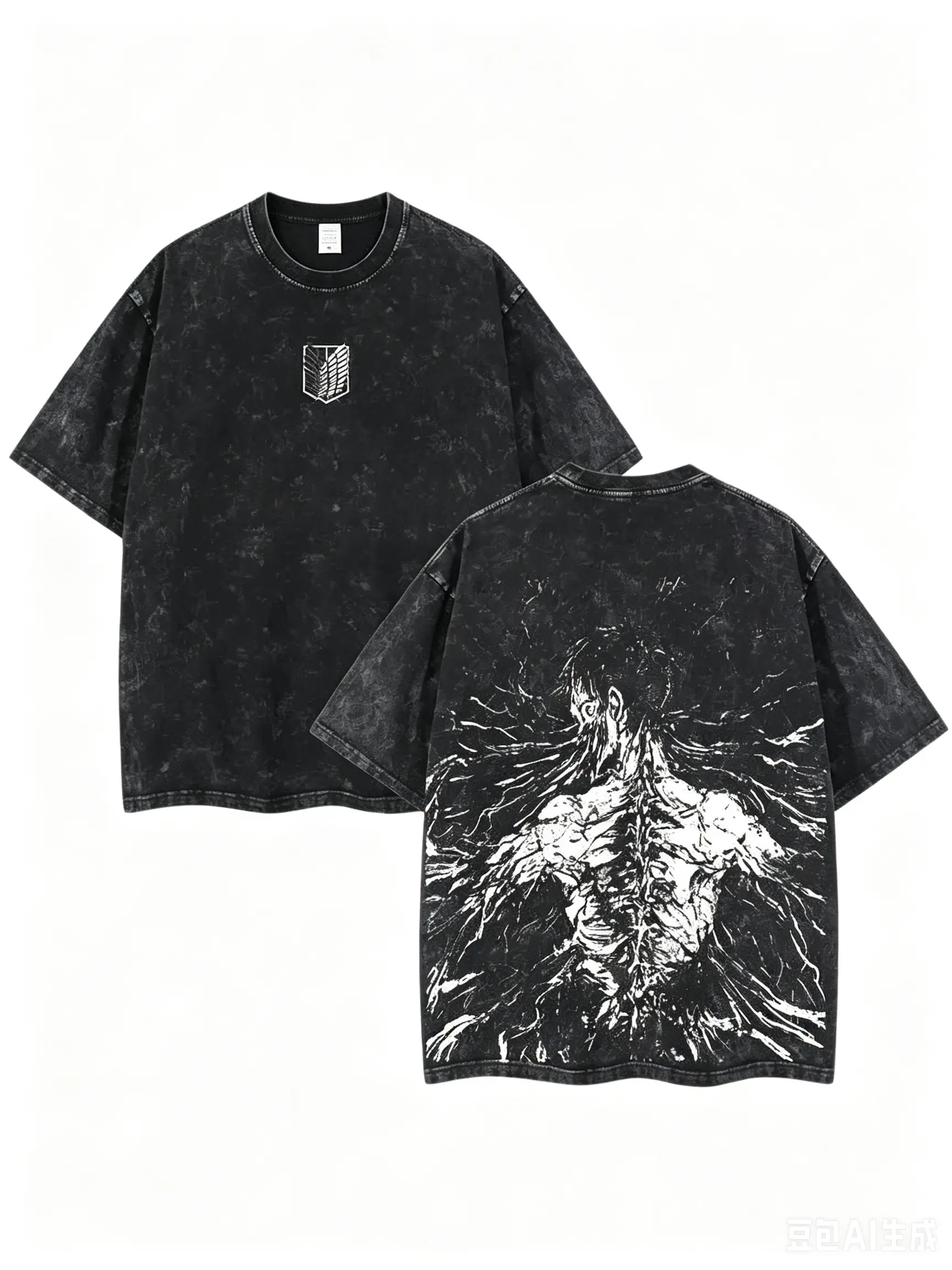 Oversized T-Shirt, Vintage Acid Washed Cotton Top with Eren Yeager Graphic, Retro Streetwear Pump Cover, Unisex Gift for Manga Fans