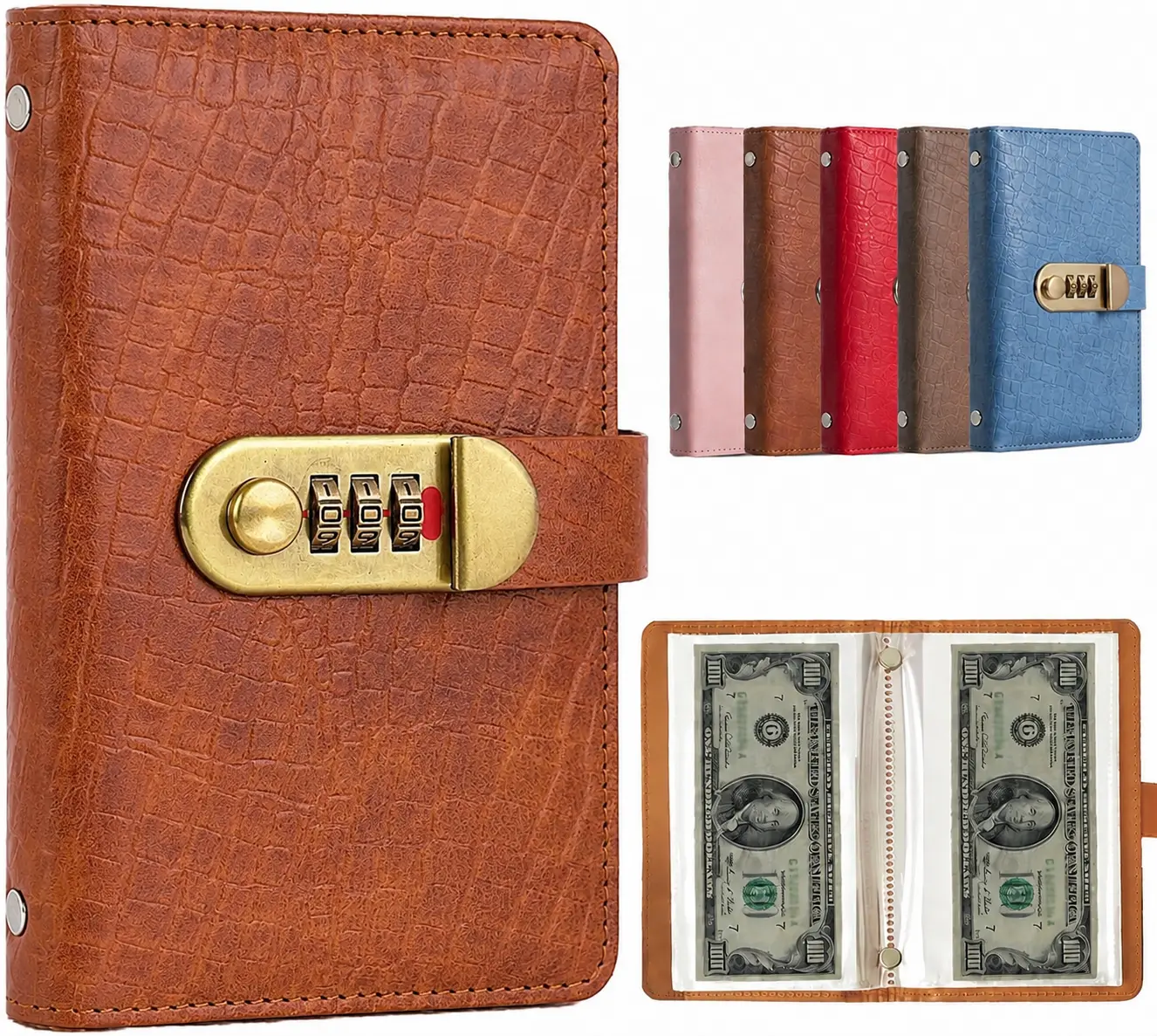 A6 PU Leather Savings Notebook with Lock Security, 1-Count Small Financial Planner with 100 Slots, Money Storage & Important Info Organizer for Collectors, Transparent Pages