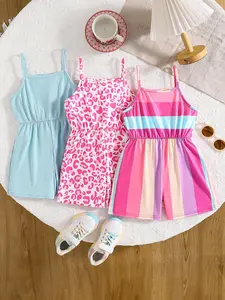 Girl's Plain / Leopard / Striped Print Cami Romper, Casual Sleeveless Romper for Summer, Kids Clothes for Daily Wear