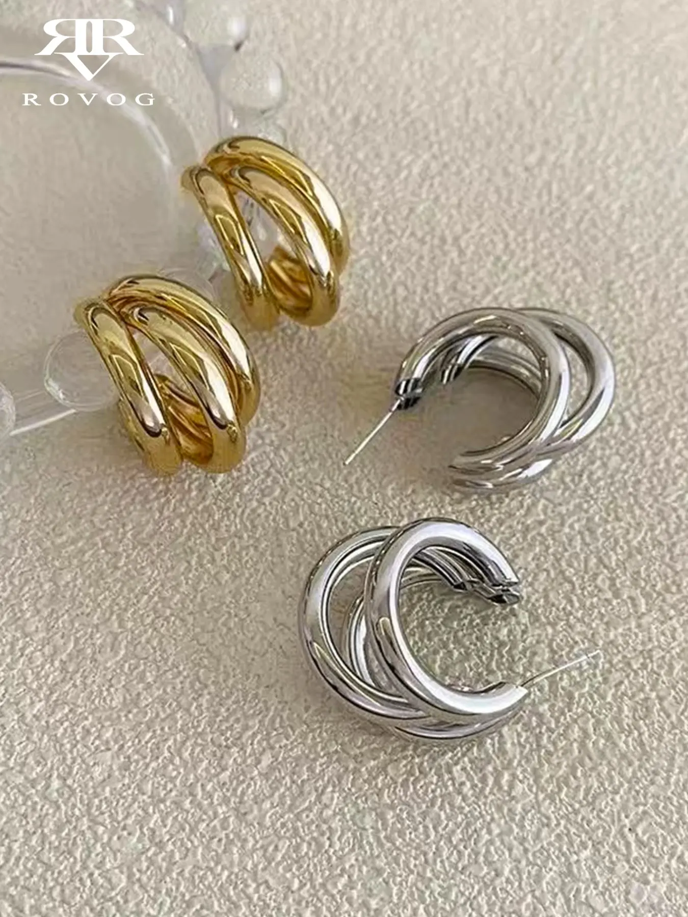 Women's French Style Three-Ring Earrings Set, Vintage Elegant Fashion Jewelry, Geometric C Circle Metal Ear Accessories