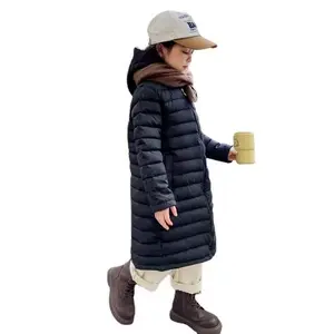 Girls' New Heavy-Duty Hooded Winter Coat - Long Over-the-Knee Full-Zip Jacket with Polyester Lining, Machine Washable Slim H-Line Silhouette, Black Casual Outerwear for Fall & Winter