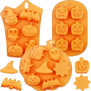 Halloween Silicone Molds Set of 3, Ghost Pumpkin Skull Witch Hat Bat Shapes, Non-Stick DIY Baking for Cakes Cupcakes Chocolate Ice Cubes Jelly