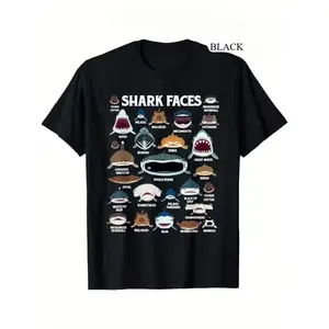 "Shark Faces" Educational Species Graphic T-Shirt, Cotton Comfort Tee, Ocean Lover Fashion Outfit, Casual Shirt, Ideal Shark Enthusiast & Marine Life Gift for Him/Her