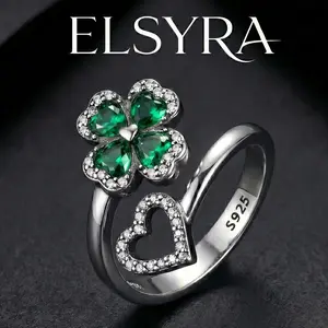 Elsyra S925 Sterling Silver Four Leaf Clover Ring for Women, Emerald Green Heart Bypass Open Ring, Lucky Jewelry Gift, Adjustable Promise Ring with Cubic Zirconia, Elegant Anniversary Gift for Her