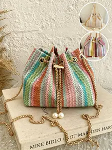 1pc Mini New Fashion Straw Woven Chain Drawstring Bucket Bag, Boho Style, Striped Pattern, Beach Bag, Summer