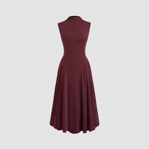 Cider High Neck Solid Ruffle Midi Dress