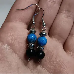 Blue and Black Crystal Bead Dangle Earrings with Silver Tone Accents and Elegant Design for Everyday Wear