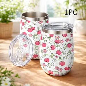 12oz Cherry Floral Print Stainless Steel Insulated Wine Tumbler, Cute Fruit Flower Pattern Thermal Cup With Lid, Double Wall Vacuum Insulation Travel Mug For Cold Hot Drinks, Summer Party Gift For Women Girls, Drinkware