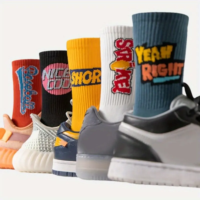 10pairs of Men's Fashionable Street Style Letter Printed Knitted Socks, Cotton Blend Comfortable and Breathable Casual Soft Elastic Socks, Spring and Summer
