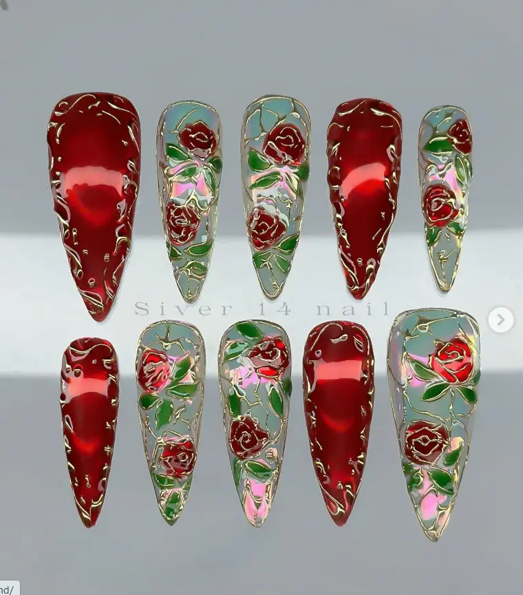 Red Rose Stained Glass Press On Nails, Long Coffin Gold Floral Nails, Romantic Luxury Handmade Gel Nail Set, Gift for Her