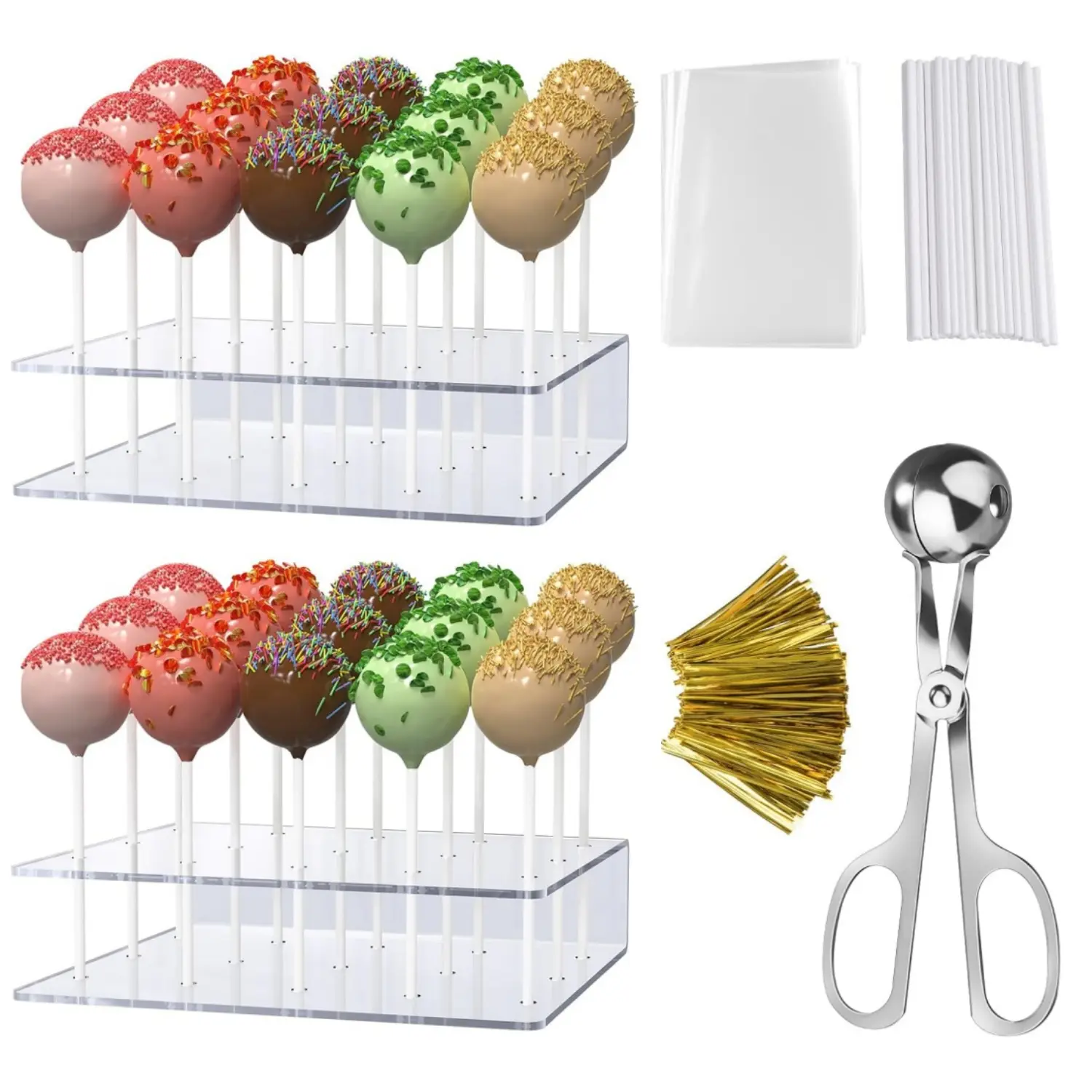 2Pcs Cake Pop Stand with Sticks Kit, Acrylic Lollipop Hold Stand, Clear Cake Pop Display Holder, 15 Holes Candy Pop Holder with 100 Pcs Sticks, 100 Pcs Clear Wrappers, 100 Pcs Gold Twist Ties - Home Improvement.