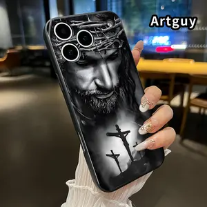 Sacred Suffering Pattern Straight Edge Phone Case for iPhone 17 16 15 14 Pro Max 13 12 11 Air XR XS Plus Shockproof Full Camera Protection Durable Slim Silicone Cover