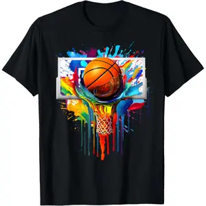 Colorful Basketball Tie Dye Color Splash Hoop Net Slam Dunk T-Shirt        Graphic tees Casual Cotton