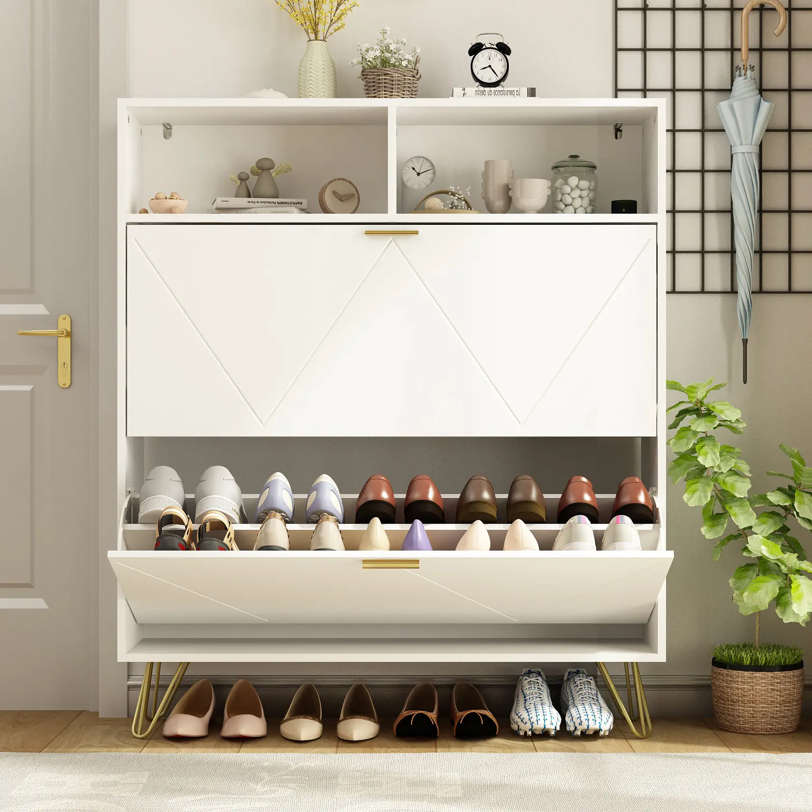 NOVAMAISON Large White Recessed Shoe Storage Cabinet, 39"W×46"H Freestanding Hidden Shoe Rack with 2 Flip Drawers & Open Shelves
