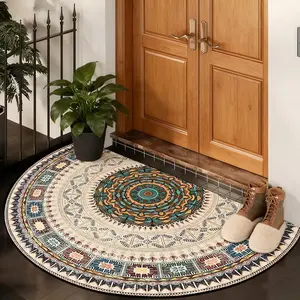 Vintage Bohemian Mandala Half Round Entrance Rug, Washable Easy Clean Plush Carpet, Home Decor for Hotel Hallway Bathroom Corridor Bedside Door Outdoor, Boho Washable Rug, Bohemian Style Rugs