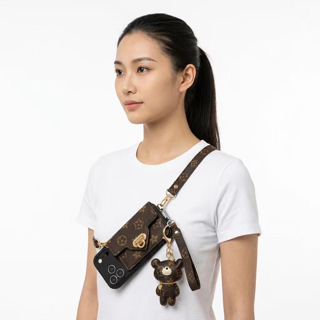 iPhone 16 Pro Max Case with Bear Shoulder Strap & Card Holder for iPhone17ProMaxCase Protective Cover with  Pattern and Gold Hardware