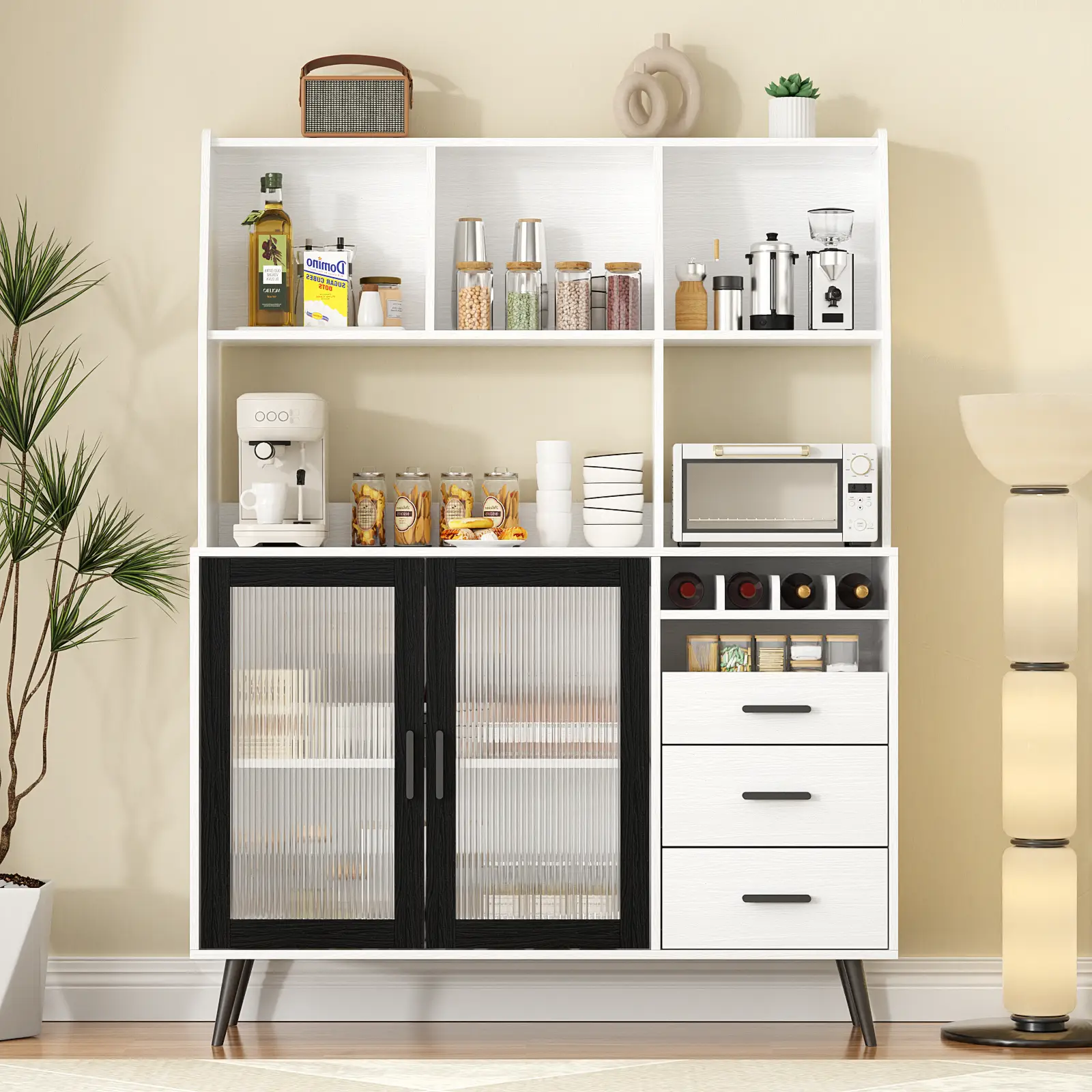 VOWNER Kitchen Hutch Storage Cabinet, Freestanding Kitchen Pantry with Glass Doors and 3 Drawers, Modern Sideboard Buffet Cabinet for Dinning Room, Li