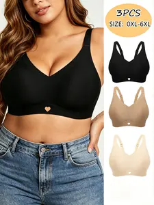 3 pieces of large-sized women's heart-shaped hollow-out design wireless bras, made of jelly strip seamless fabric, soft, breathable, non-sweaty, comfortable to wear for a long time without shoulder pressure, allowing you to stretch freely even at home.