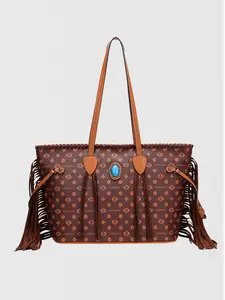 Brown fringe PU Leather concho ornament big capacity shoulder bag