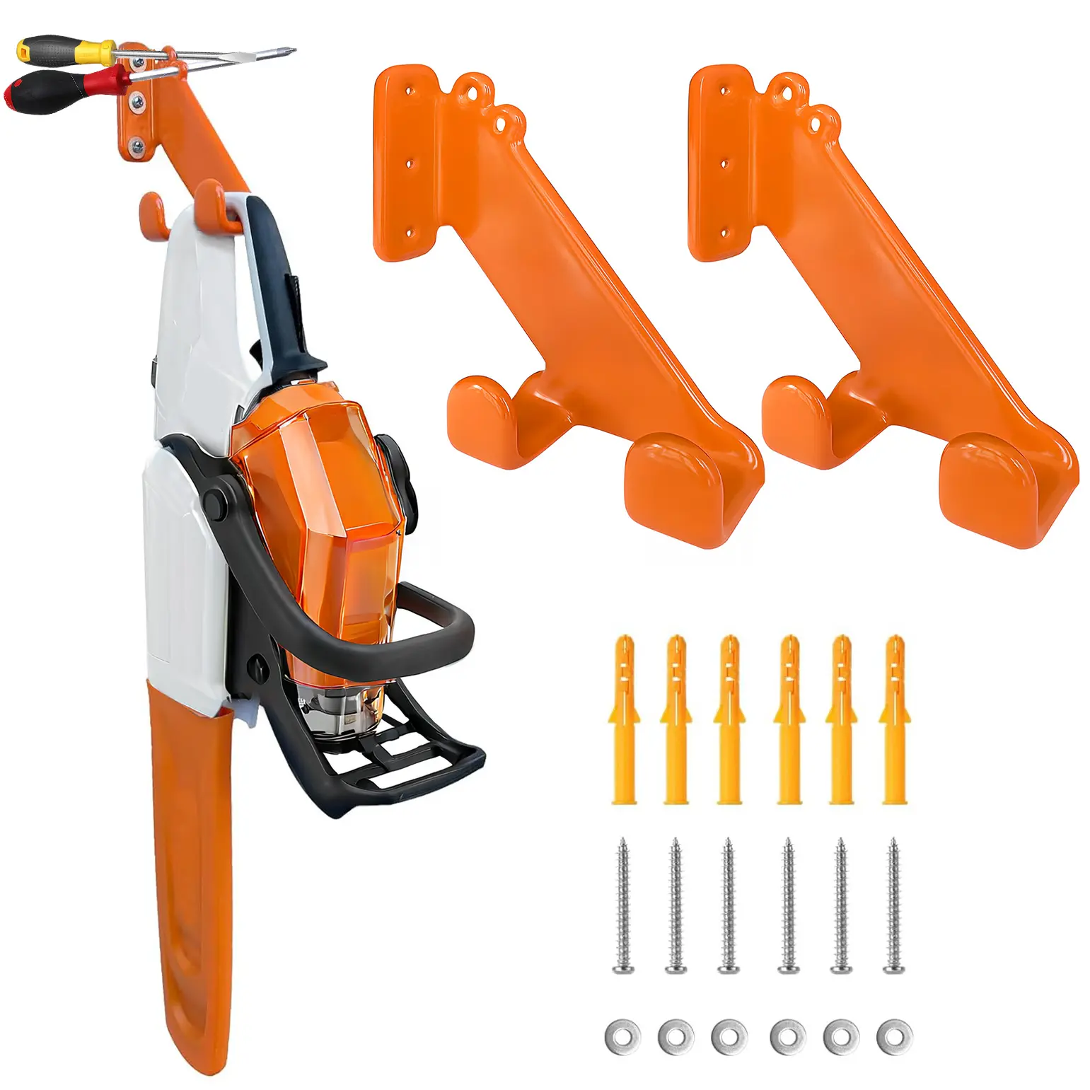 2-Pack Heavy Duty Steel Chainsaw Hanger, Wall Mounted Tool Storage Stand for Garage, Shed Organization with Tool Racks & Screws, 180lb Load Capacity