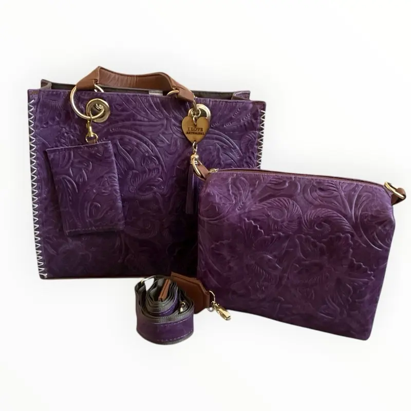 Piel Suculenta Embossed Purple Leather Handbag Set with Matching Wallet and Shoulder Strap for Women