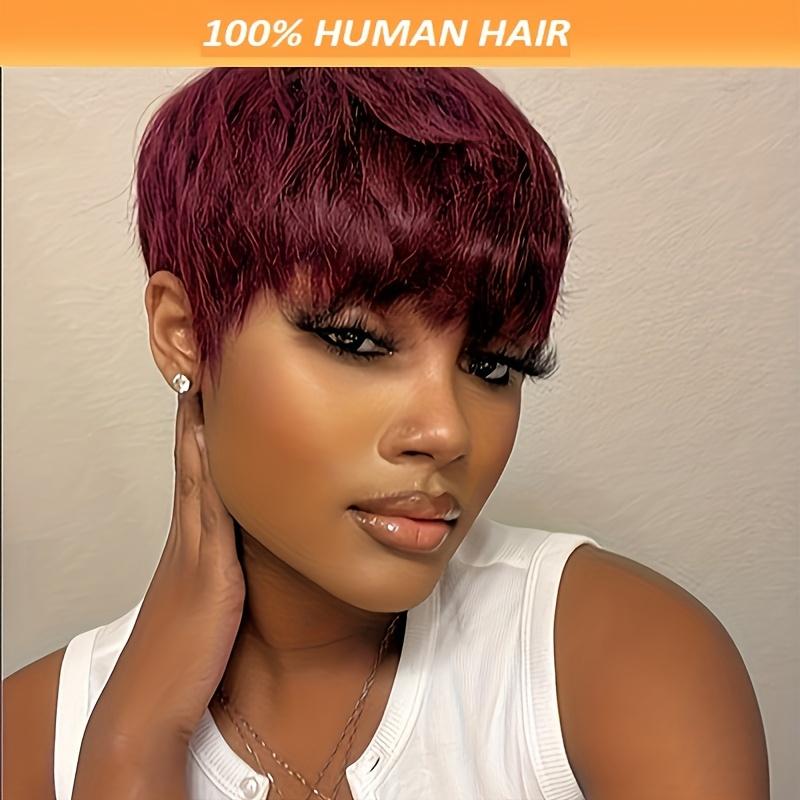 Chic 6-Inch Pixie Cut Wig with Bangs in Vibrant Red 99J Burgundy - 180% Density Brazilian Remy Human Hair, Perfect for Halloween & Cosplay, Layered Wigs, Comic Exhibitions