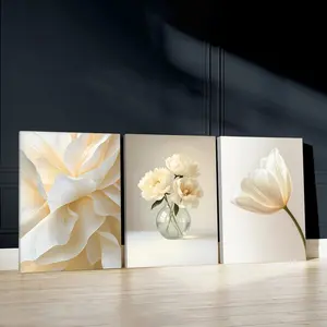 3pcs Elegant Flowers Wall Art, Soft Lighting Poster, Minimalist Design Art Prints, Clean Aesthetic Home Decor, Modern Wall Paintings, Cozy Canvas Posters Wall Arts, Decor for Living Room, Restaurant, Kitchen, Bedroom, Housewarming Gift, With Frame