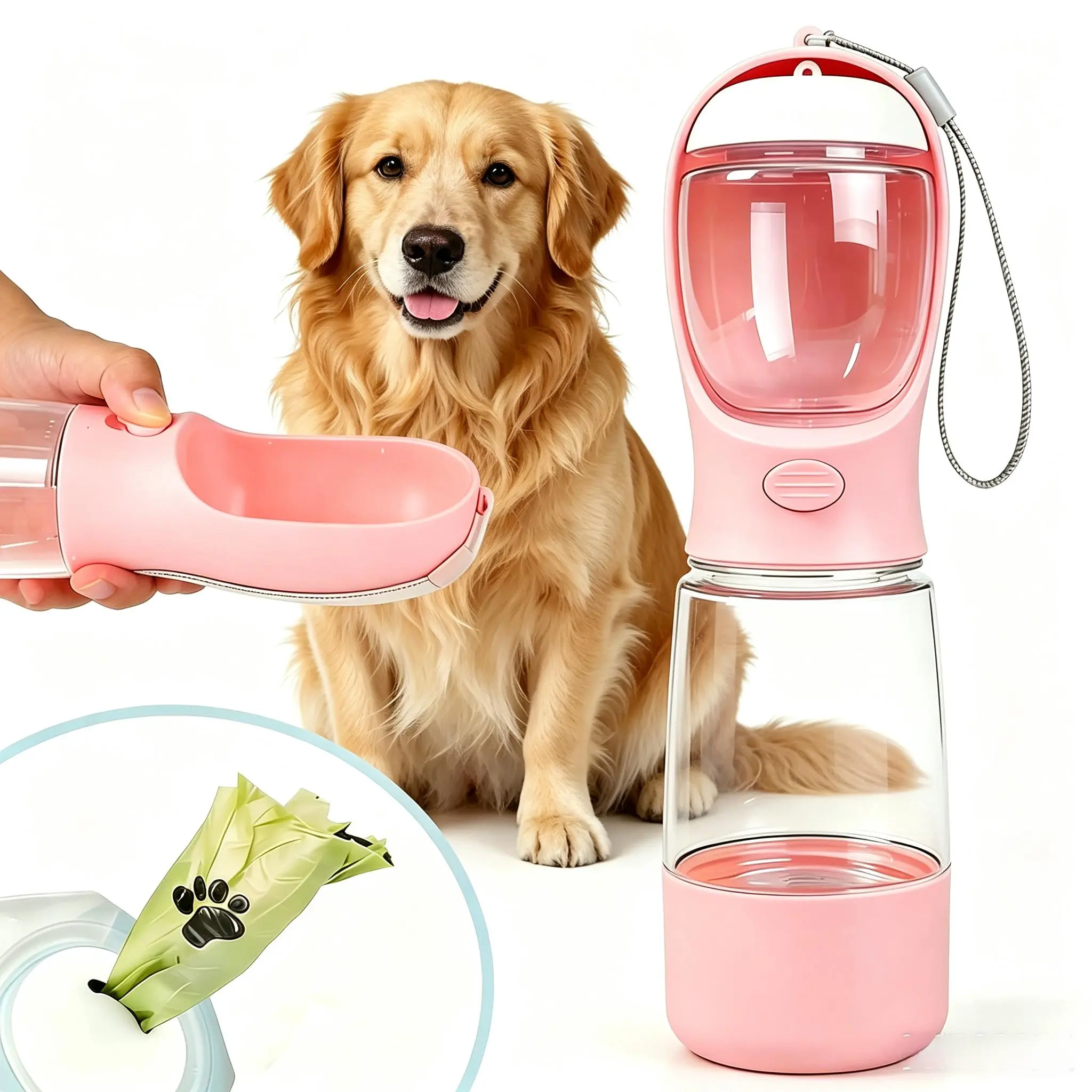 Pink 3-in-1 BPA-Free Dog Water Bottle - Cup Holder Compatible, Food Storage, Coconut Shell Activated Carbon Filter Removes Impurities, Poop Bag Dispenser, Portable Pet Water Bowl for Hiking, Travel - Small to Large Dogs Pet Accessory, Compatible With Cup