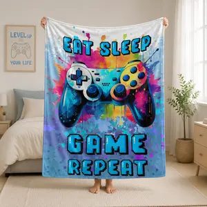 Eat Sleep Game Repeat Flannel Fleece Blanket – Colorful Gaming Controller Throw Blanket, Soft Cozy Gamer Room Decor, Video Game Lover Gift for Boys, Teens, Kids & Gamers, Bed Sofa Blanket