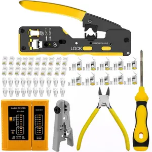 rj45 Crimp Tool Kit, Pass Through Cat7 Cat6A Cat6 Cat5e Cat5 rj45 Crimping Tool with 10 count Cat7 Shielded Connectors 10 count Covers 20 count Cat6 Pass Through Connectors 20 count Covers Network Tester