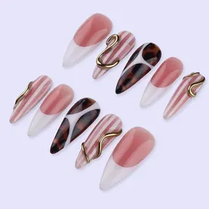 Nude & Tortoiseshell Press On Nails with Gold Accent, Almond Handmade Nail Art