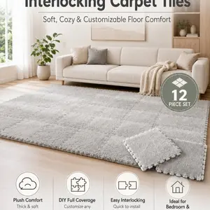 12-piece thickened interlocking carpet tiles for full coverage in bedrooms and living rooms, bedside warming mats, washable, soft, non-slip floor mats, 11.8x11.8 inches (Model DM175)