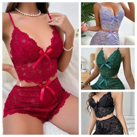 Silky Lace Trim Satin Pajamas Set - Soft Luxurious Nightwear for Women in Red Purple Green Black Pyjamas Womenswear pack 2 Sleeveless