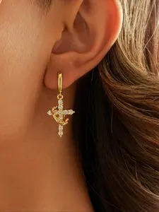 1 pair Gold Crown Cross Hoop Earrings For Women, Sparkling Crystal Detail, Elegant Religious Jewelry For Daily Wear, Gift For Christmas Or Special Occasions, Elegant Bridal Party Jewelry, Statement Gift Set, magic cross earring, Cross Dangle Earring