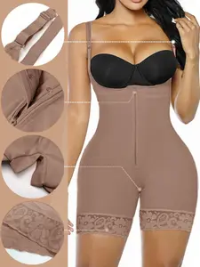 1 Count Women's Butt Enhancing Abdomen Smoothing Comfort Body Shaper, Fajas, Colombian Shapewear, Solid Color Lace Open Bust Bodysuit, Adjustable Shoulder Strap Zipper Closure Crotchless Jumpsuit, Perfect for Valentine's Day Gift for Her