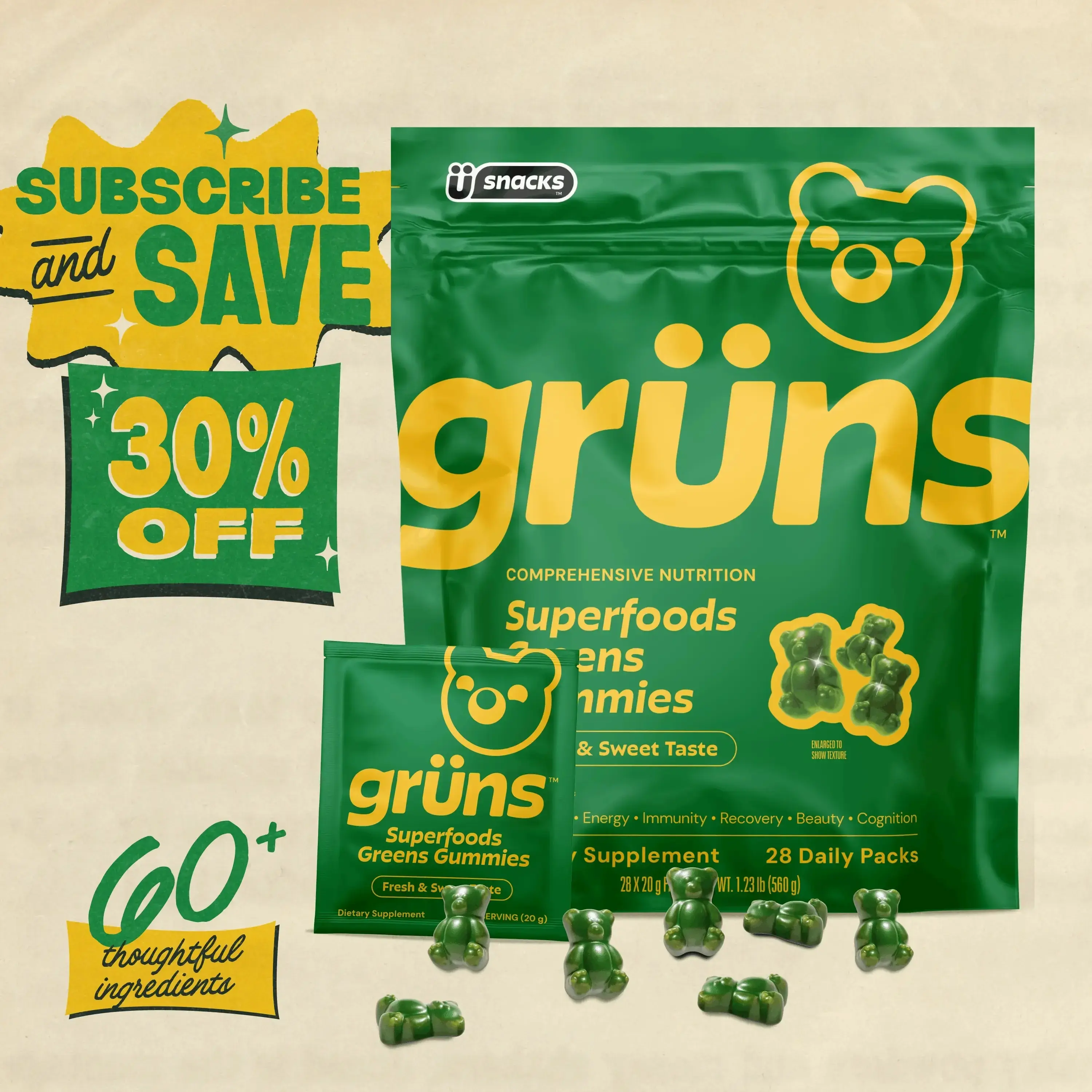 Grüns Superfood Greens Gummies (Sugar-Free): 21+ Vitamins and Minerals, Prebiotics for Digestive Health, Adaptogens. Nutritional Edible Dietary Supplement to Support Fitness