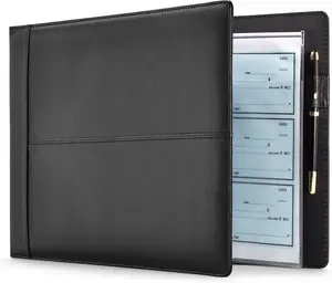 7-Ring Business Check Binder for Checkbooks Organization, Financial Records, Personal and Corporate Use, Black Faux Leather Folder for 600 Checks (14 x 10 Inches)